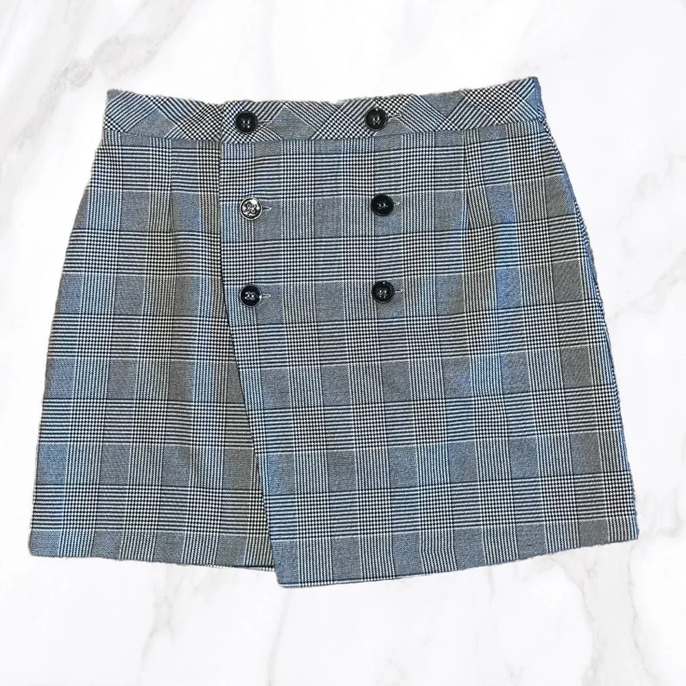 Zara Basic Collection Women's Black Plaid‎ Buttoned Wrap Skirt, Size L